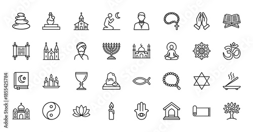 Spirituality and world religions line icon set. Vector pictograms of church, mosque, prayer, cross, crescent, lotus, candle, and scripture, thin outline illustration.