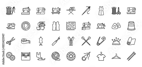 Sewing and tailoring line icon set. Vector pictograms of sewing machine, scissors, thread, needle, zipper, thimble, mannequin and buttons, thin outline illustration.