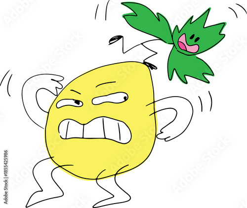 A funny yellow character is itching furiously and nettles are crawling on him, drawn with grunge curves, color drawing