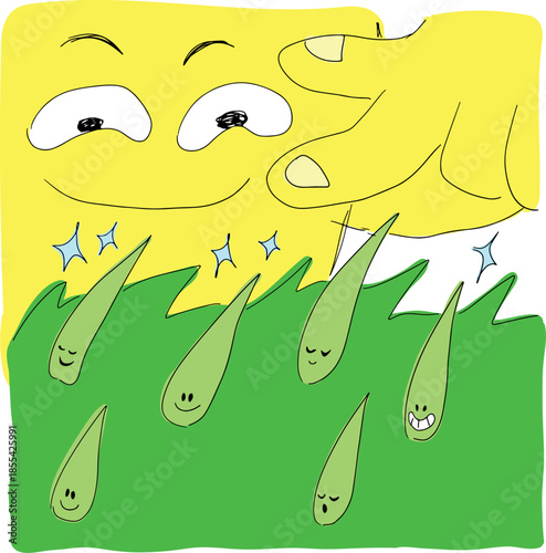 A large, enlarged yellow character holds his finger up to the stinging needles of a nettle plant, drawn with grunge curves, color drawing