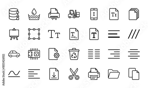 Office and computer line icon set. Vector pictograms of database, printer, folder, text, shredder, download, scissors and recycle bin, thin outline illustration.