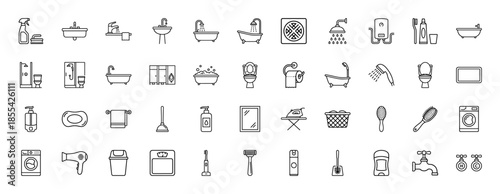 Bathroom and laundry line icon set. Vector pictograms of bathtub, toilet, shower, washing machine, sink, faucet, mirror, and toiletries, thin outline illustration.