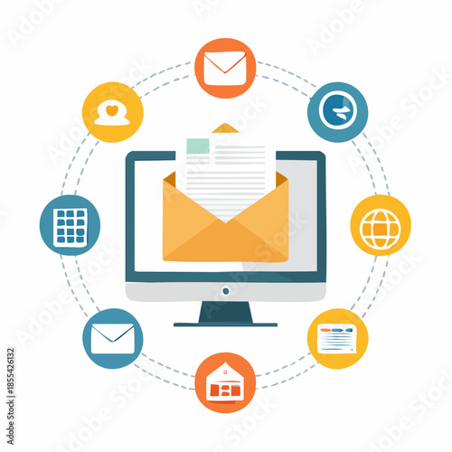 Flat lay of a computer monitor displaying an open email inbox surrounded by icons representing various online communication and organization tools on a white background.