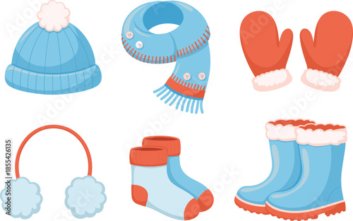 Cartoon winter clothing illustration set with hat scarf mittens earmuffs socks and boots, cozy cold weather accessories isolated on white