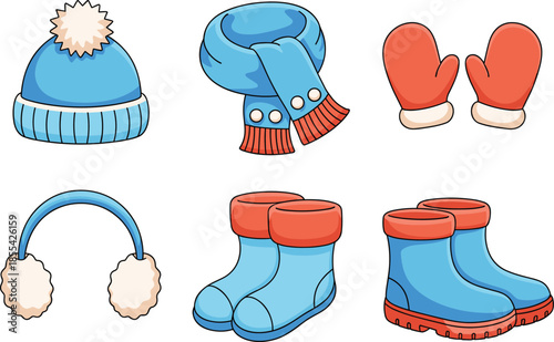 Cartoon winter clothing illustration set with hat scarf mittens earmuffs socks and boots, cozy cold weather accessories isolated on white