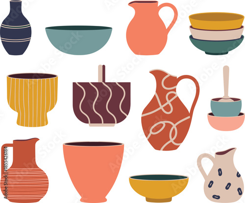 Ceramic pottery and kitchenware illustration set, bowls vases jugs handmade clay objects, flat minimalist design isolated on white