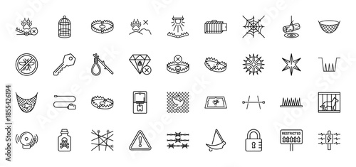 Hunting and security trap line icon set. Vector pictograms of bear traps, animal cages, fishing nets, barbed wire, cages, and poison, thin outline illustration.