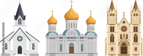 Christian church buildings illustration set featuring catholic, orthodox and protestant architecture styles, religious landmarks, faith, worship, spirituality concept design