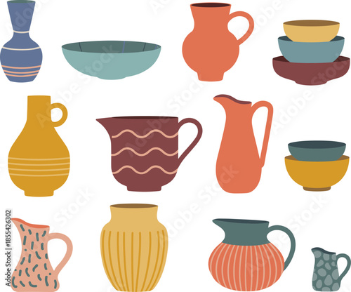 Ceramic pottery and kitchenware illustration set, bowls vases jugs handmade clay objects, flat minimalist design isolated on white