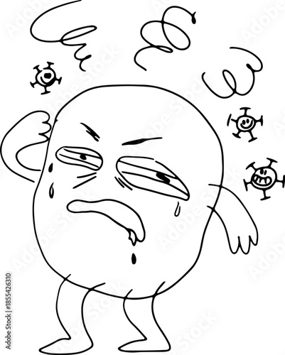 A humorous character with allergies seems bothered as tiny allergens, germs, and viruses float around him, drawn with crooked grunge lines