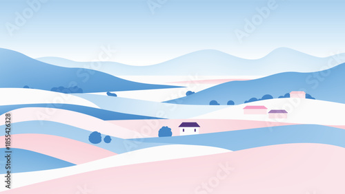 Minimalist rural village landscape with rolling hills in pastel blue and pink. Small houses and simple trees are scattered across a calm, layered countryside