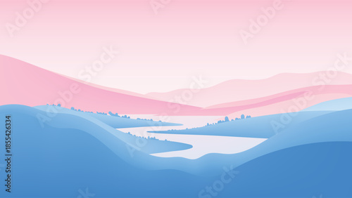 Minimalist lush tropical rainforest landscape with dense emerald canopy, misty mountains, and vibrant exotic flora. Sunbeams filter through thick, layered green foliage