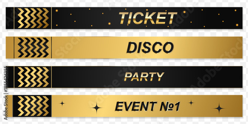 Elegant black and gold set  tickets bracelets for events, disco, festival, fan zone, party, staff. Vector mockup of a festival bracelet.