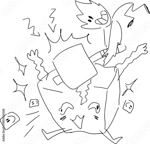 A cheerful plant character smiles and forcefully hits a large, face-shaped sugar piece with a hammer, drawn with crooked grunge lines. Perfect for fun, kids projects, or nature themed designs