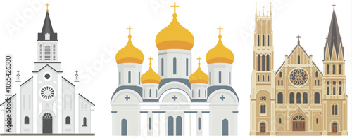 Christian church buildings illustration set featuring catholic, orthodox and protestant architecture styles, religious landmarks, faith, worship, spirituality concept design