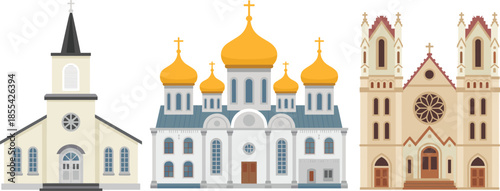 Christian church buildings illustration set featuring catholic, orthodox and protestant architecture styles, religious landmarks, faith, worship, spirituality concept design