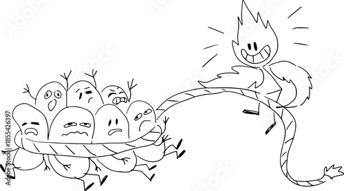 A humorous plant smiles while tying up characters with a rope, drawn with crooked grunge lines. Perfect for fun, kids projects, or nature themed designs