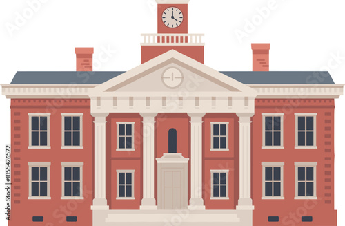 Classic courthouse building illustration with clock tower and columns, government architecture exterior, legal institution, justice concept, civic landmark design