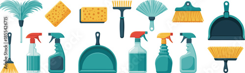 Collection of cleaning tools and supplies including brushes, spray bottles, sponges, dustpan, and detergent, household cleaning equipment illustration set