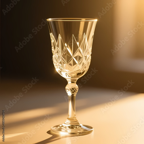 Crystal wine glass highlighted by soft gold light, professional photo style