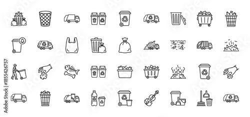 Waste management and recycling line icon set. Vector pictograms of garbage trucks, trash cans, plastic bags, bins, litter, and street sweeping, thin outline illustration.