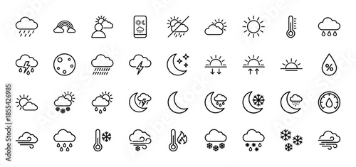 Weather line icon set. Vector pictograms of sun, cloud, rain, snow, thunder, moon, temperature, wind, sunset, and humidity, thin black outline illustration.