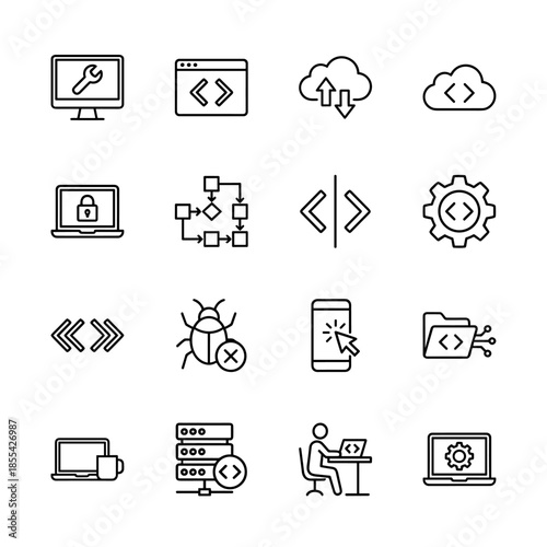 Software development line icon set featuring vector pictograms of coding, cloud computing, debugging, workflow, security, and server management thin outline illustration.
