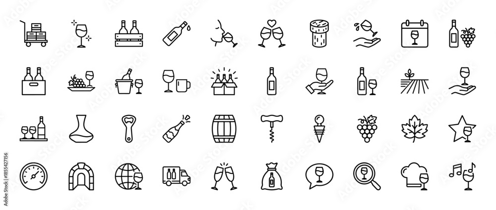 Naklejka premium Wine production and tasting line icon set. Vector pictograms of bottles, glasses, vineyard, corkscrew, barrel, grapes, and cellar, thin outline illustration.