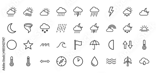 Weather line icon set. Vector pictograms of sun, cloud, rain, thunder, snow, moon, tornado, rainbow, thermometer, wind, and compass, thin outline illustration.