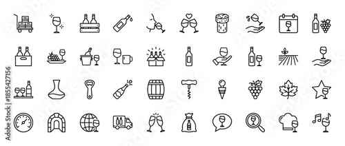 Wine production and tasting line icon set. Vector pictograms of bottles, glasses, vineyard, corkscrew, barrel, grapes, and cellar, thin outline illustration.