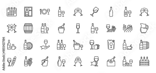 Wine and viticulture icon set featuring vector pictograms of bottles, glasses, barrels, grapes, vineyard, cheers, and tasting snacks in a thin line style illustration.