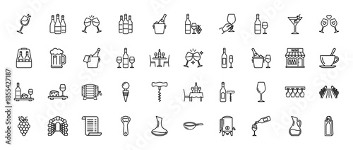 Wine and viticulture line icon set. Vector pictograms of bottles, glasses, grapes, barrels, corkscrews, decanters, and tasting equipment, thin outline illustration.