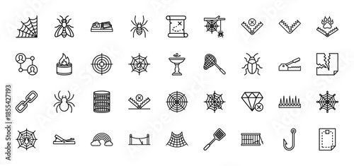 Trap and hunting line icon set. Vector pictograms of spider web, fly, mouse trap, spider, treasure map, fishing net, beetle, cage, diamond, and hook, thin outline illustration.