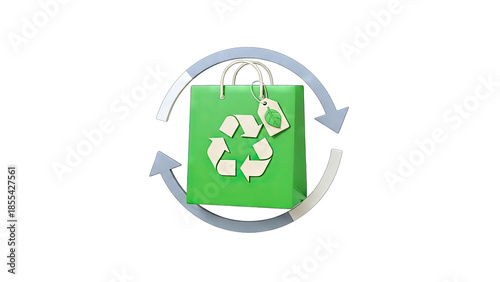 3D Green shopping bag with recycling symbol and leaf tag on transparent background