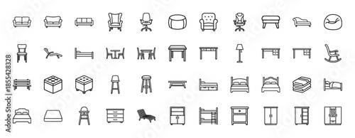 Furniture line icon set. Vector pictograms of sofa, armchair, bed, table, chair, desk, lamp, wardrobe, cabinet and cupboard, thin outline illustration.