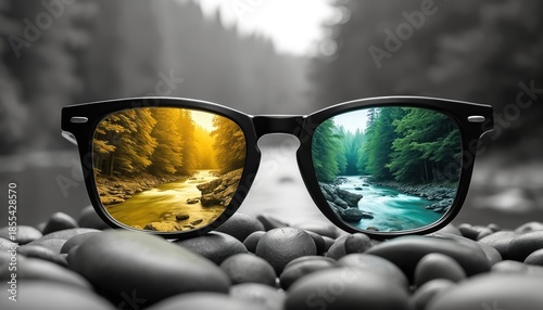 Black framed eyeglasses show a forest river scene. One lens displays a warm yellow hue, the other a vibrant blue green. Nature view through eyewear.