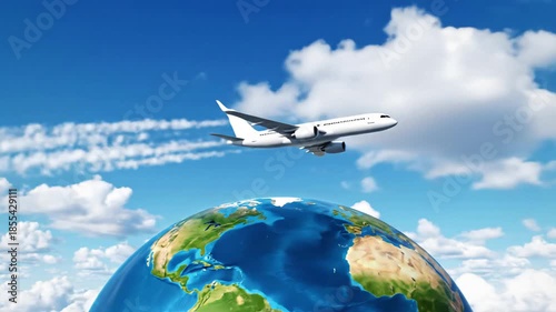 White passenger airplane flying over a detailed Earth globe under a bright blue sky for global travel concept and international connectivity