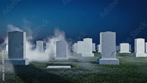 Eerie cemetery with rows of grey marble gravestones shrouded in thick mist at twilight for mortality concept and the solemnity of remembrance