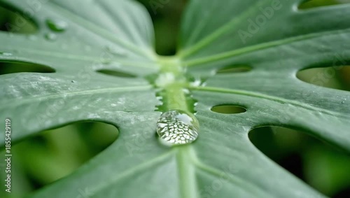 Vibrant green monstera leaf with a glistening water droplet rolling across its surface for organic purity concept and natural freshness in a tropical setting