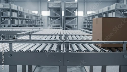 Cardboard box moving on an automated roller conveyor belt in a modern industrial warehouse for global shipping concept and efficient logistics
