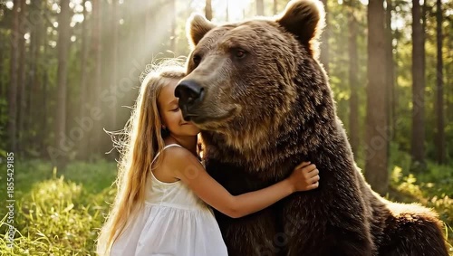Young girl embracing a large brown bear in a magical sunlit forest for an unlikely friendship concept and peaceful coexistence