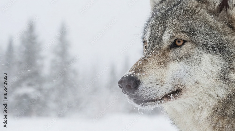 Fototapeta premium Close up side profile of a majestic grey wolf with snow on its fur looking intently in a cold winter forest for wild nature concept