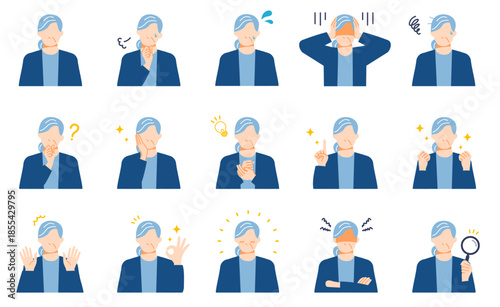 シニア世代の女性の悩みや喜びなどの表情イラストセット。フラットデザイン。