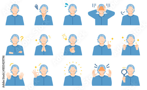 一般のシニア女性の喜怒哀楽表情イラストセット。フラットデザイン。