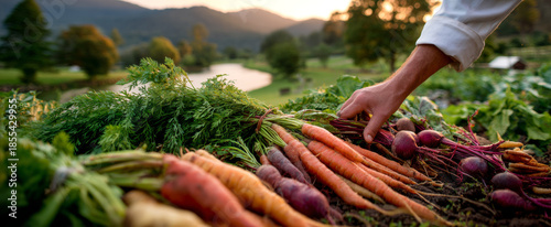 A chef's hand reaching out to touch fresh, colorful vegetables including carrots, beets, and leafy greens on a rustic outdoor market table