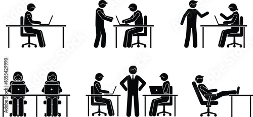 Black and white vector icons of office people working at desks with laptops in various workplace interaction scenarios