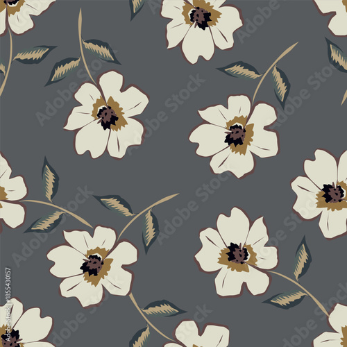 Floral botanical vector texture pattern with flowers and leaves. Seamless pattern can be used for wallpaper, pattern fills, web page background, surface textures.