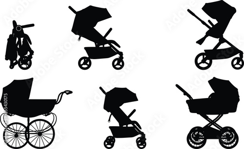 Black silhouette baby stroller and pram collection, infant transport pushchair icons set isolated on white background vector illustration