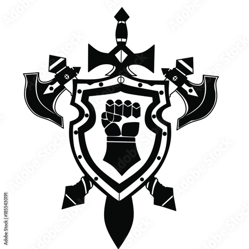 Shield Sword and Fist Outline Icon Emblem Representing Strength Power Protection and Warrior Symbol