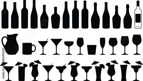 Black silhouette bottles and glasses collection, bar drinkware icons, cocktail wine beer glass shapes isolated on white background vector illustration